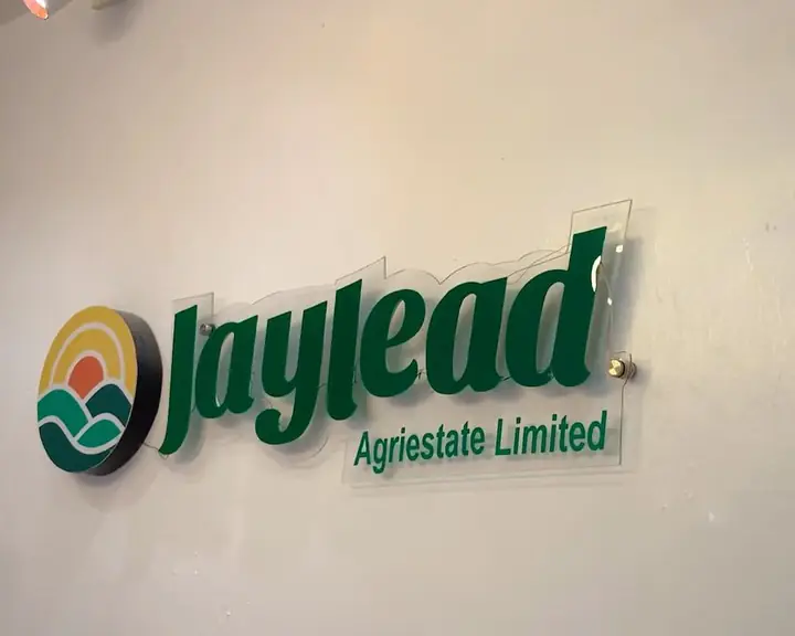 The illuminated Jaylead AgriEstate logo sign on the wall of the Tanke, Ilorin office